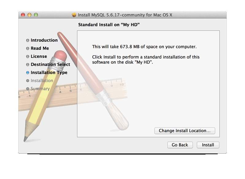 MySQL Package Installer: Choose your Hard drive