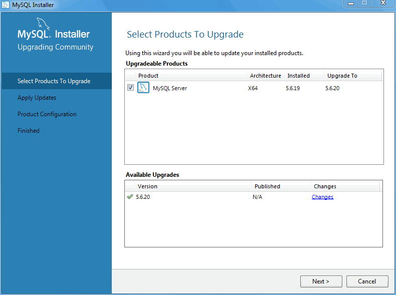 MySQL Installer - Select Products To Upgrade