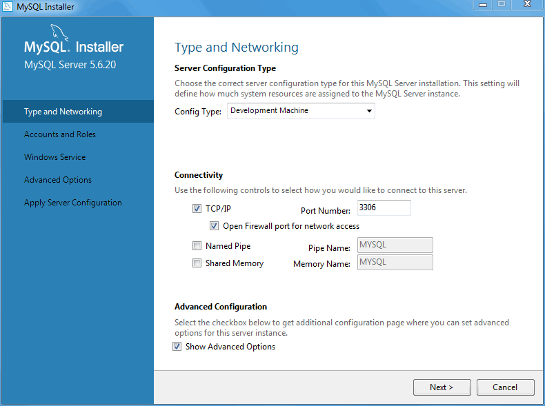 MySQL Installer- MySQL Server Configuration: Type and Networking